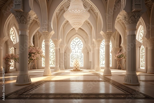 beautiful interior of a white empty masjid