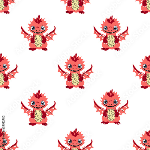 Seamless pattern with cartoon red dragon 