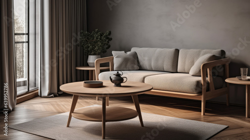 Round wooden coffee table near sofa and armchair against window and wall with blank mockup poster frame.