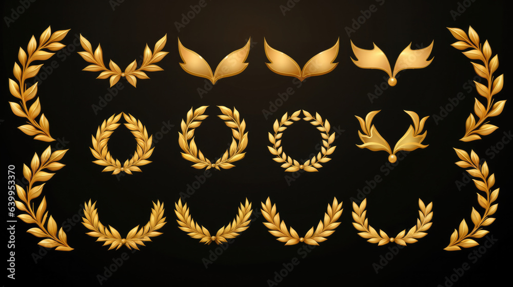 Set of golden ribbons, laurel wreaths of different shapes for winners gold podium 3d realistic luxury leadership award with falling glitter and light smoke on dark background Set of golden ribbons, laurel wreaths of different shapes for winners gold podium 3d realistic luxury leadership award with falling glitter and light smoke on dark background