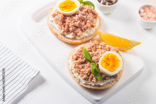 Toast with Canned Tuna. Fish open sandwich with egg and cheese. 