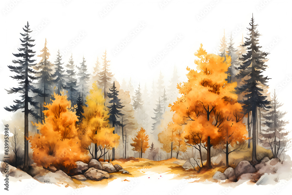 Forest in autumn. Watercolor Fall Landscape