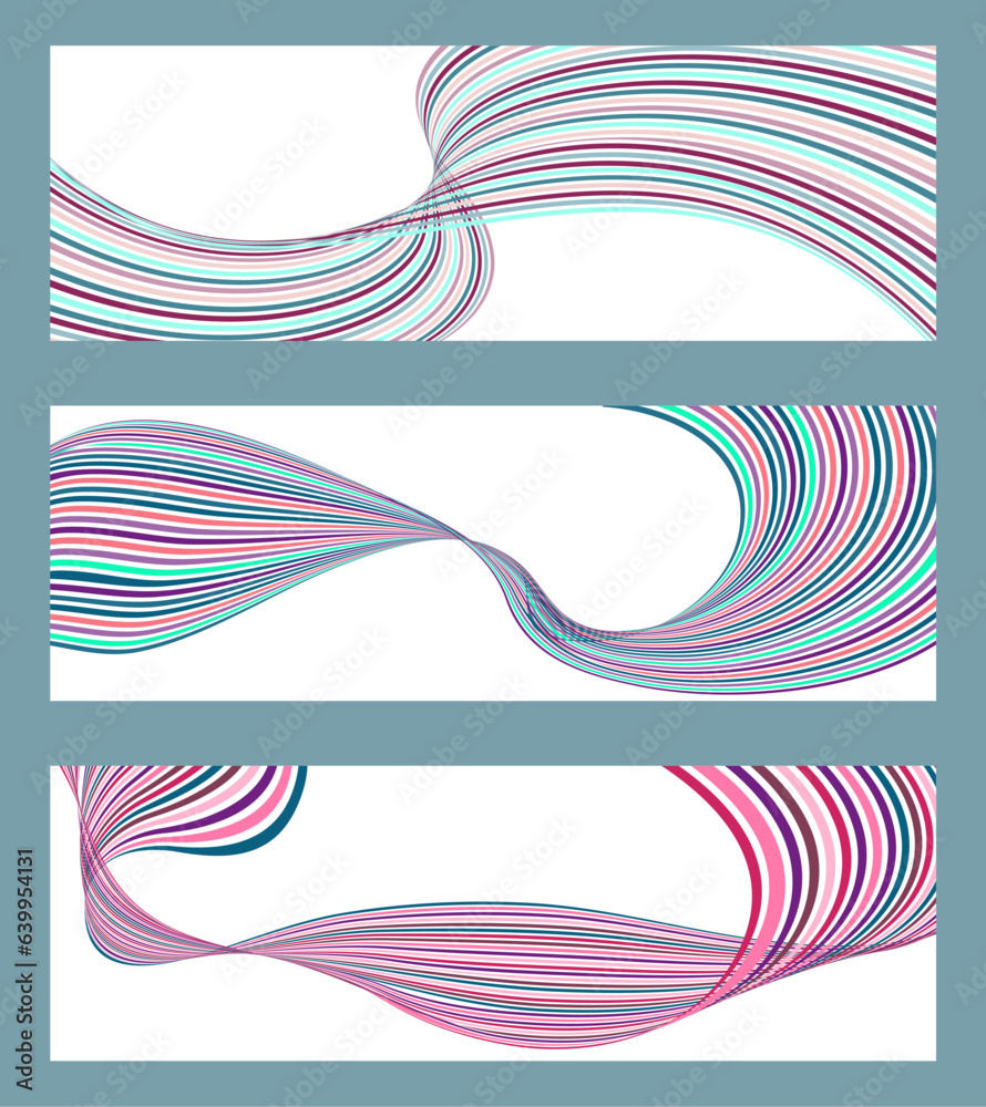 Wavy lines or ribbons. Set of 3 backgrounds. Multicolored striped gradient. Creative unusual background with abstract gradient wave lines to create a trendy banner, poster. vector eps Wavy lines or ribbons. Set of 3 backgrounds. Multicolored striped gradient. Creative unusual background with abstract gradient wave lines to create a trendy banner, poster. vector eps
