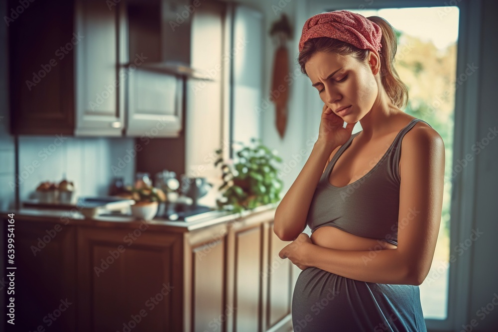 Pregnant young woman feels nauseated and unwell. Ai generated. Pregnant young woman feels nauseated and unwell. Ai generated.