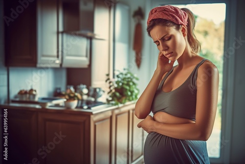 Pregnant young woman feels nauseated and unwell. Ai generated. photo