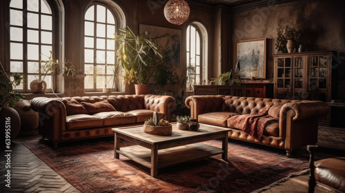 Rustic furniture  sofa and lounge chairs in classic room. Boho interior design of modern living room.