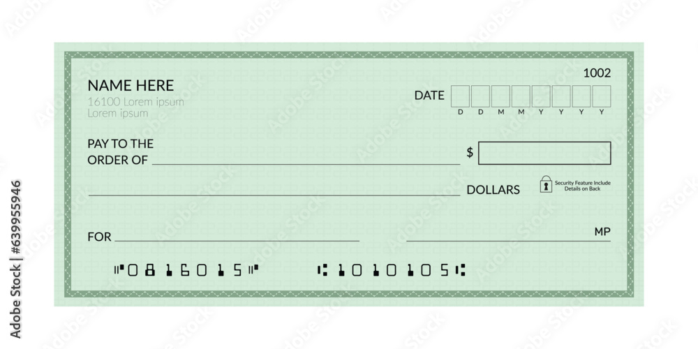 Bank cheque Chequebook template Blank template of the bank check Bank cheque Chequebook template Blank template of the bank check