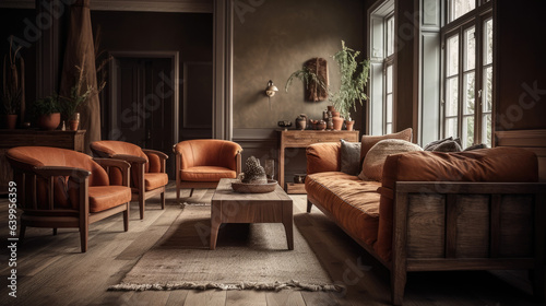 Rustic furniture, sofa and lounge chairs in classic room. Boho interior design of modern living room. © Matthew