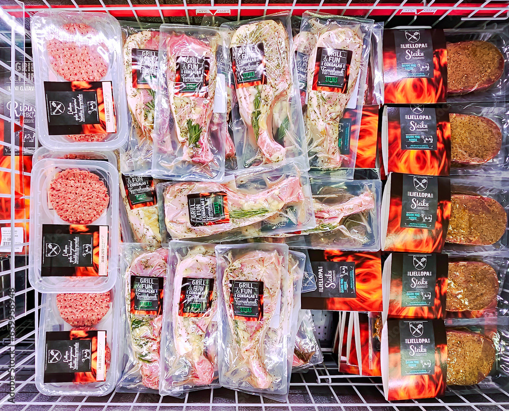 LATVIA, RIGA, 24, AUGUST, 2023 Vacuumpacked fresh pork shoulder with