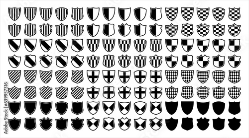 Protect shield vector set. Shields of various shapes with various patterns. A set of transparent icons symbolizing protection. Vector flat illustration