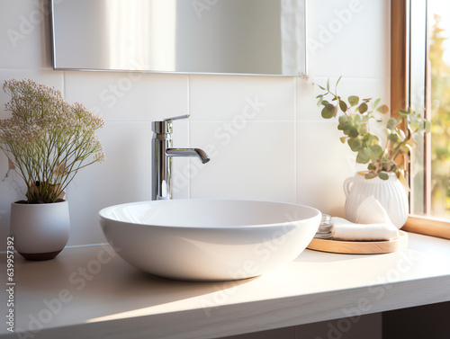 Modern white clean wash basin and faucet with morning sunlight in bathroom