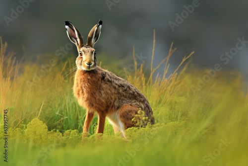 Side view of wild brown hare standing and looking at the camera