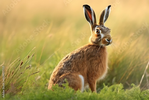 Wild brown hare standing sitting in a field and looking at the camera