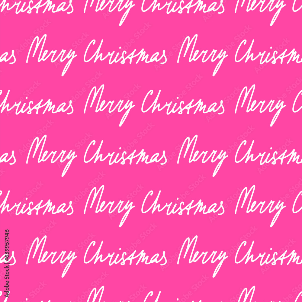 Seamless Christmas pattern with lettering - Merry Christmas. A pattern with handwritten text on a pink background.