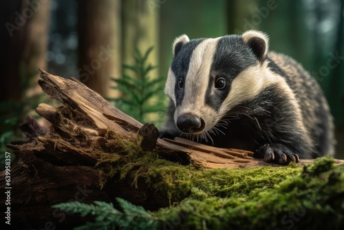 A badger looks over a log in the green woods