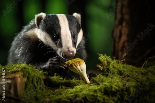 A badger chews on a Mushroom in the green woods