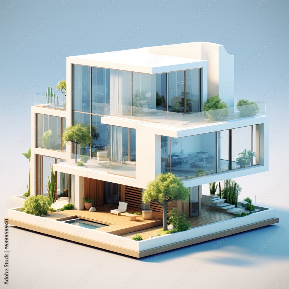 3d render of a beautiful modern house on a plane background