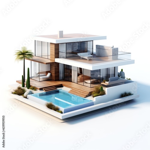 3d render of a beautiful modern house on a plane background © DailyLifeImages