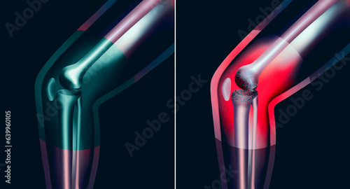 Photography Arthrosis medical illustration diagram with damaged knee structure and healthy knee comparison