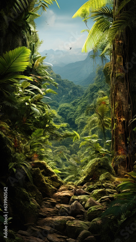 vertical panorama of green tropical forest