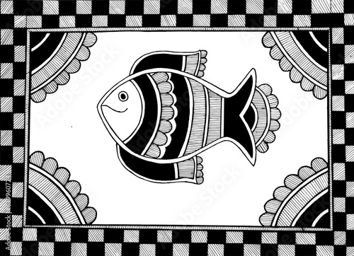 Transparent background png file of Graphic image of hand made madhubani painting of fish in black color photo