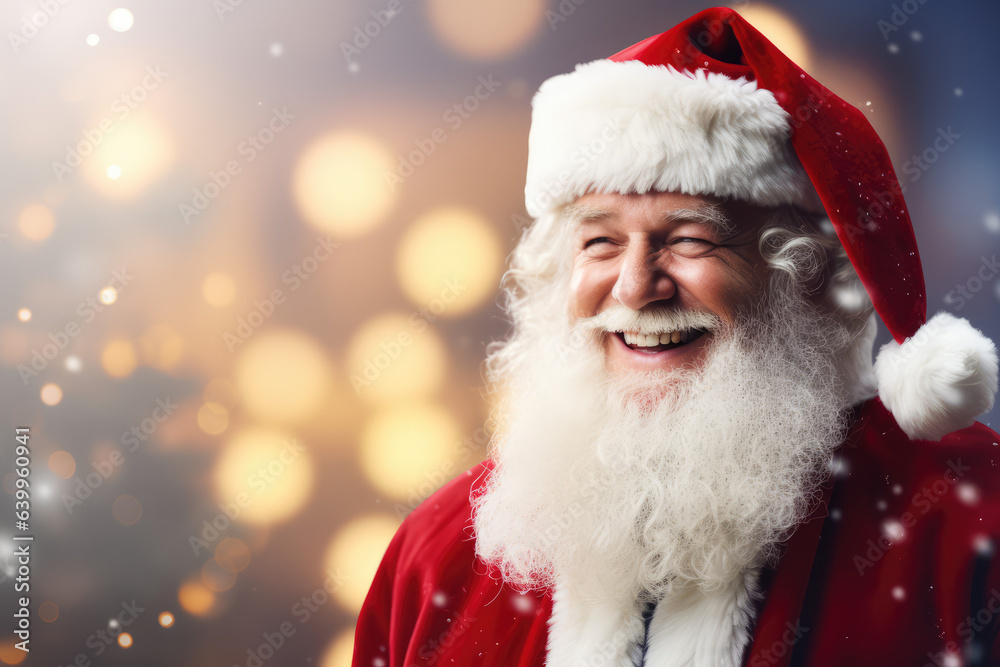 Happy smiling Santa Claus on golden bokeh background. Christmas advertising Happy smiling Santa Claus on golden bokeh background. Christmas advertising
