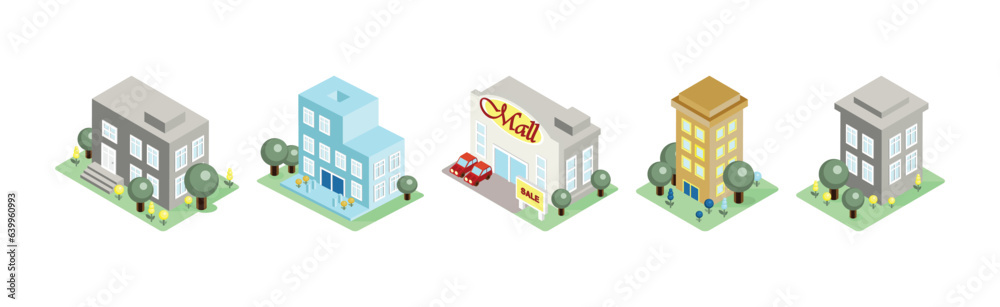 Isometric City Buildings with Yard and Growing Tree Vector Set