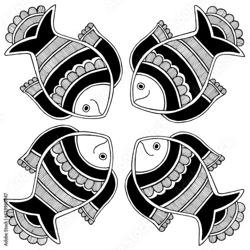 Transparent background png file of Graphic image of hand made madhubani painting of fish in black color photo