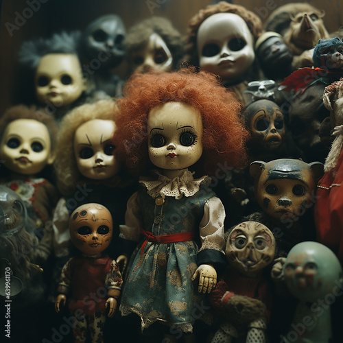 scary old dirty sinister dolls, horror, nightmare, many andry, predatory dolls, halloween background