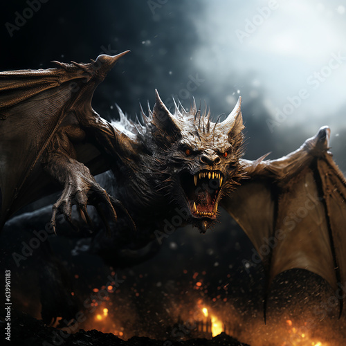 Scary terrible bat vampire with huge fangs teeth on black with fire, horror, nightmare, halloween background © Dmitry