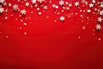 Creative christmas framei on red background. Xmas and New Year holiday, banner, postcard, invitation, celebration. Flat lay, top view