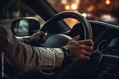 a close up of a man holding steering wheel of car with his hands driving