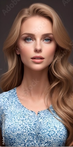 Portrait of a young blond with stunning features in a printed dress. Commercial use for clothing, posters.
