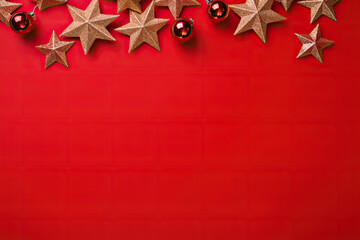 Christmas red background with christmas balls, stars and decoration