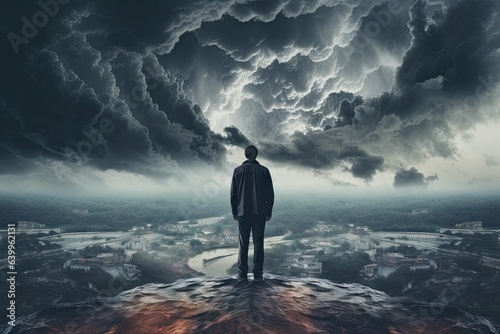 a person standing in front of a storm