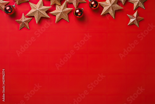 Christmas red background with christmas balls, stars and decoration