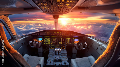View from the inside of the cockpit on the sky cloudy during sunrise