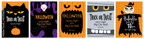 WebHappy Halloween cards, invitations, posters set. Place for text. Spooky characters, cat, Dracura, mummy, scarecrow, pumpkin. Halloween style lettering. Trick or trteat.