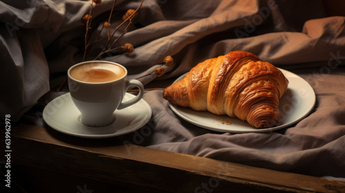 Coffee cup and croissants are placed in trays on the bed.