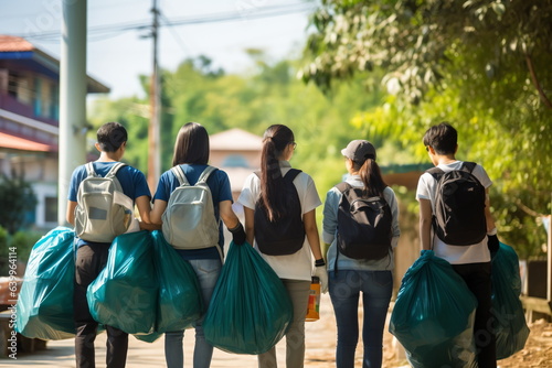 Group of young volunteers helping to keep nature clean and picking up the garbage from a sandy shore.