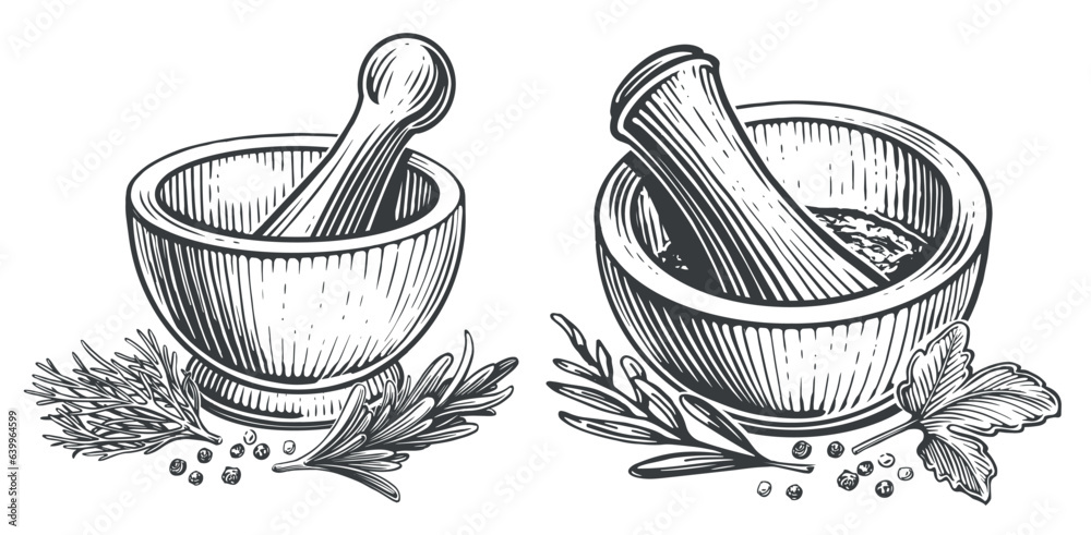 Mortar and pestle engraving style sketch. Herbs and spices vector illustration - obrazy, fototapety, plakaty 