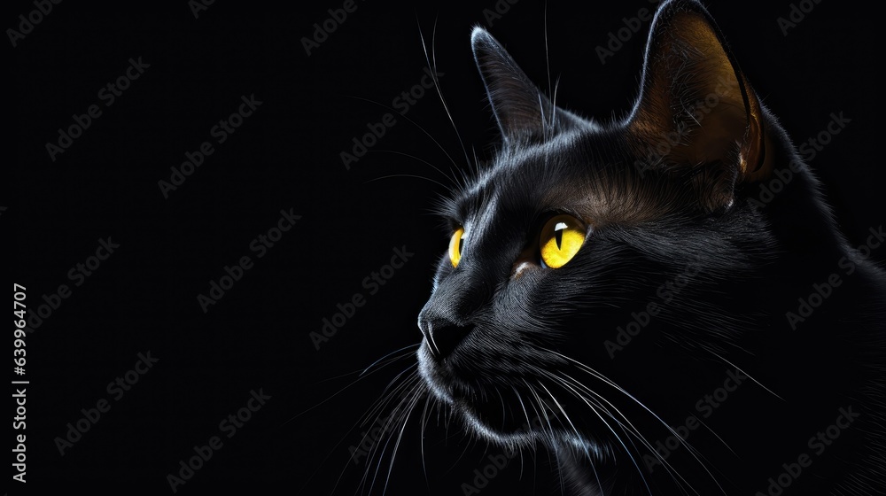 Portrait of black cat with yellow eyes on dark background