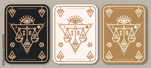 Esoteric symbols poster, banner. Vector. Thin line geometric badge. Outline icon for alchemy or sacred geometry. Mystic and magic design with all-seeing eye and law scale.