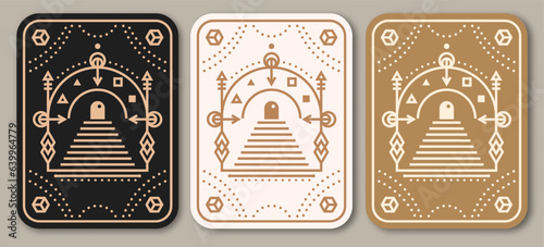 Esoteric symbols poster, banner. Vector. Thin line geometric badge. Outline icon for alchemy or sacred geometry. Mystic and magic design with Gate to another world.