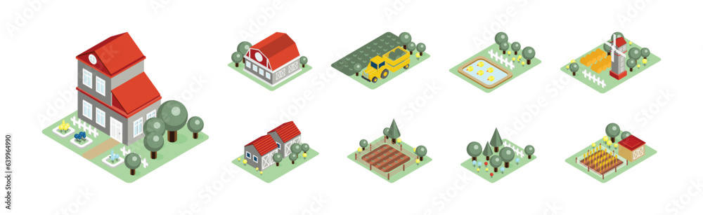Isometric Farm and Rural Landscape with Barn House, Tractor, Field and Windmill Vector Set