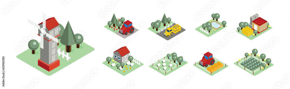 Isometric Farm and Rural Landscape with Barn House, Tractor, Field and Windmill Vector Set