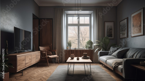 Studio apartment with grey sofa against window and wooden cabinet. Interior design of modern living room.