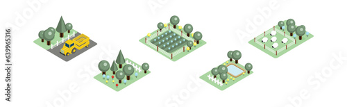 Isometric Farm and Rural Landscape with Tree, Tractor and Sheep Vector Set