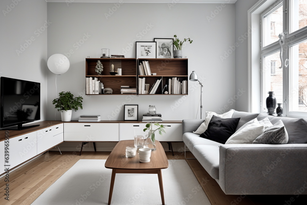 Fototapeta premium Television put on wood table, background white wall.