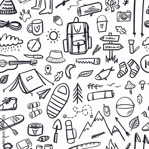 Vector pattern from a collection of camping and hiking items in the doodle style.